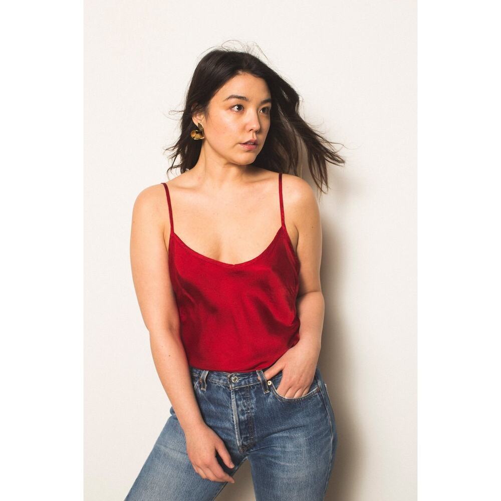 Nation Ltd Large Lera Bias Cut Cami Crimson Cotton Blend Fringe Hem Adjustable